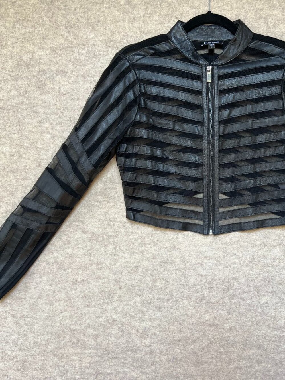 Bebe Vintage Cropped Black Leather and Mesh Jacket with Zipper, Size M - Picture 2 of 6